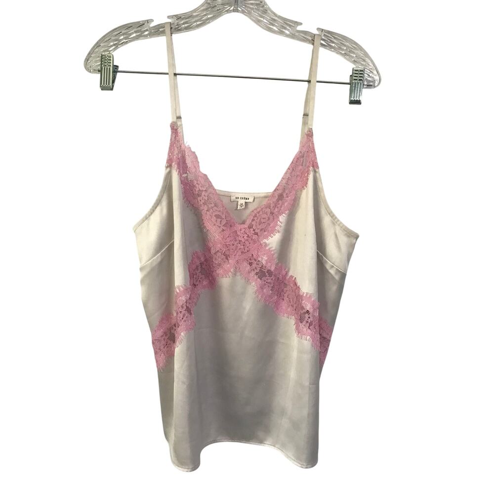 En Creme Camisole Top Medium Lace Detail Satin Gray Bodice Pink Lace V Neck M
